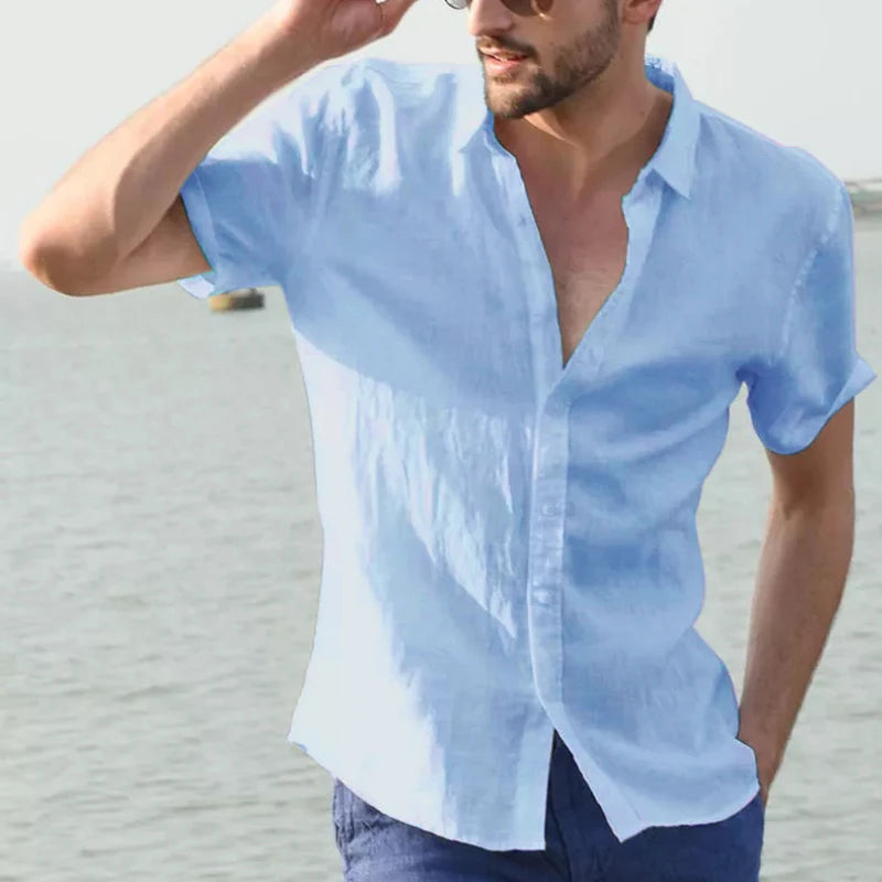 Men's Casual Short Sleeve Shirt Street Wear Lapel Button Solid Color Cotton Linen Shirt for Men