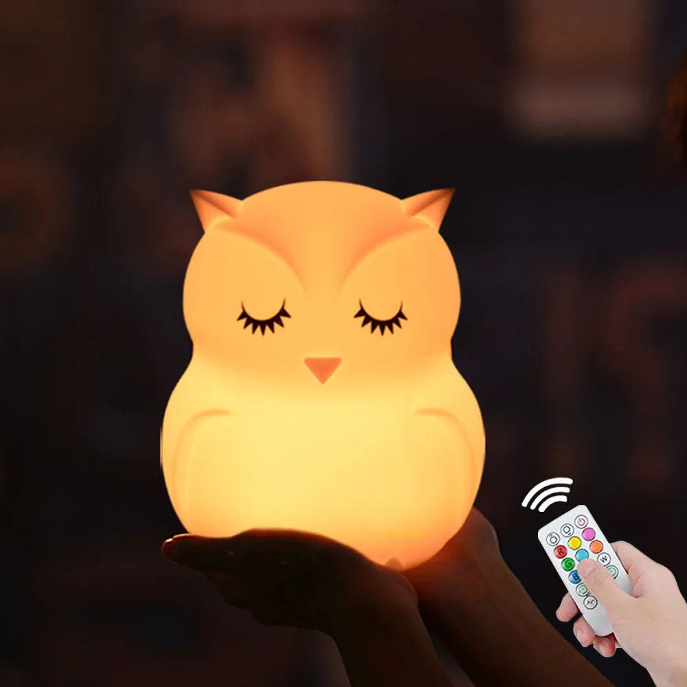 Owl LED Night Light Touch Sensor Remote Control 9 Colors Dimmable Timer Rechargeable Silicone Night Lamp