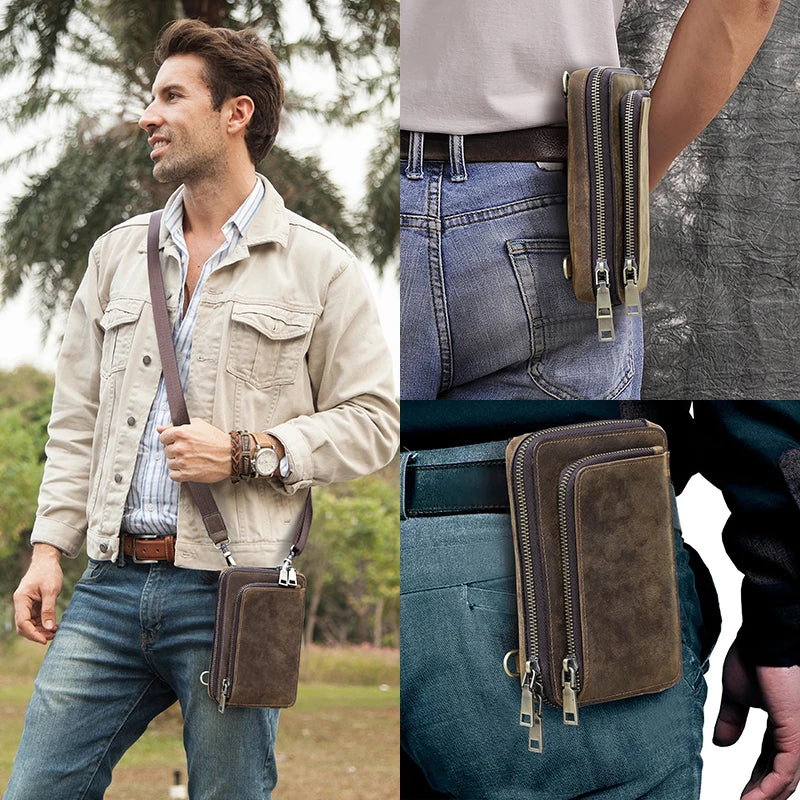 CONTACT'S Crazy Horse Leather Men Crossbody Bag Casual Waist Pack Fanny Belt Bag For Male Small Phone Pocket Shoulder Bags