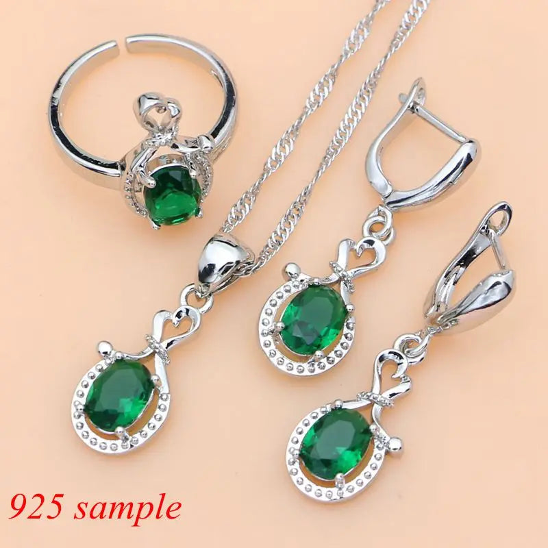 Women Green Emerald Birthstone Simple Office Long Earrings Bracelet Necklace Set