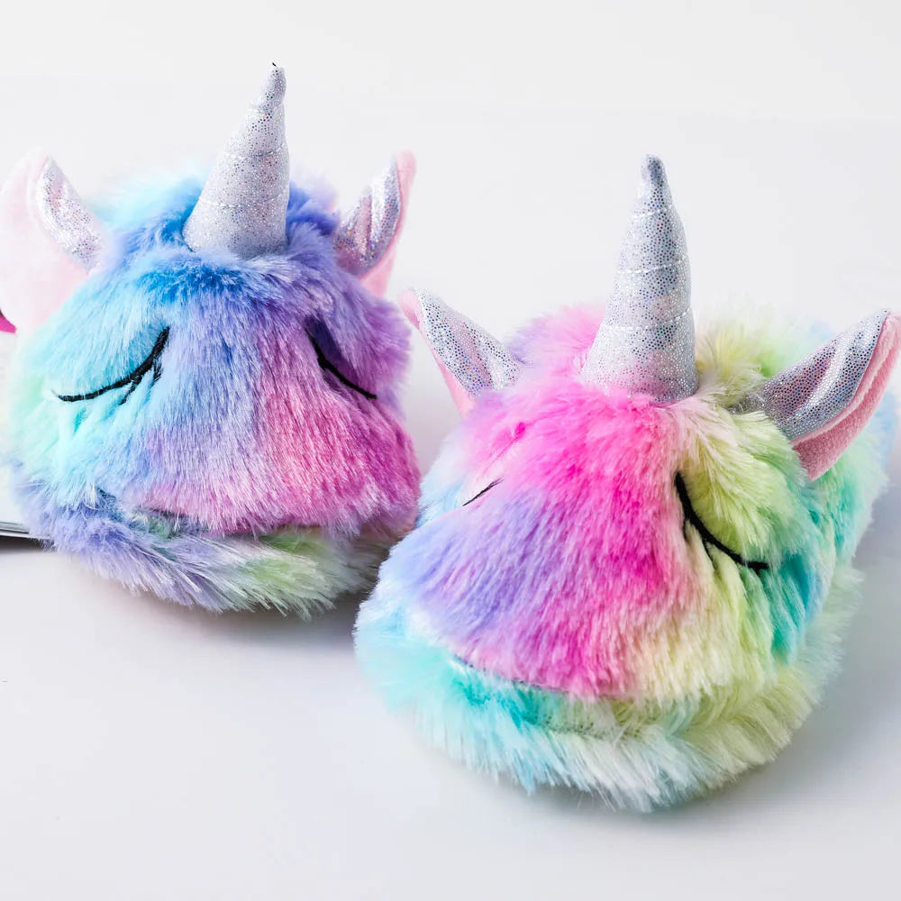 Girls Winter Rainbow Unicorn Slippers