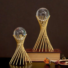 Golden Iron Crystal Ball with Geometric Stand Ornaments Desk Statues Sculpture Decor