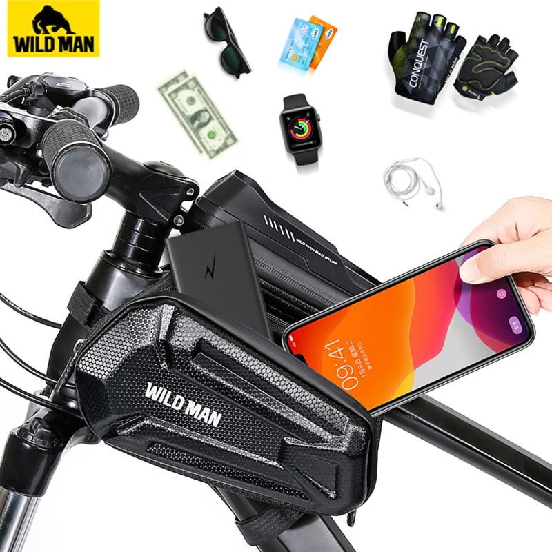 WILD MAN Rainproof Bicycle Frame Bag Front Hard Shell Bike Top Tube Bag Touch Screen Cycling Phone Bag