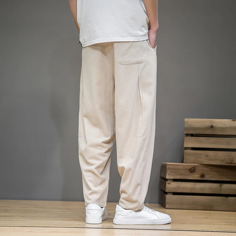 Spring Cotton Linen Pants Men Elastic Waist Casual Harem Pant