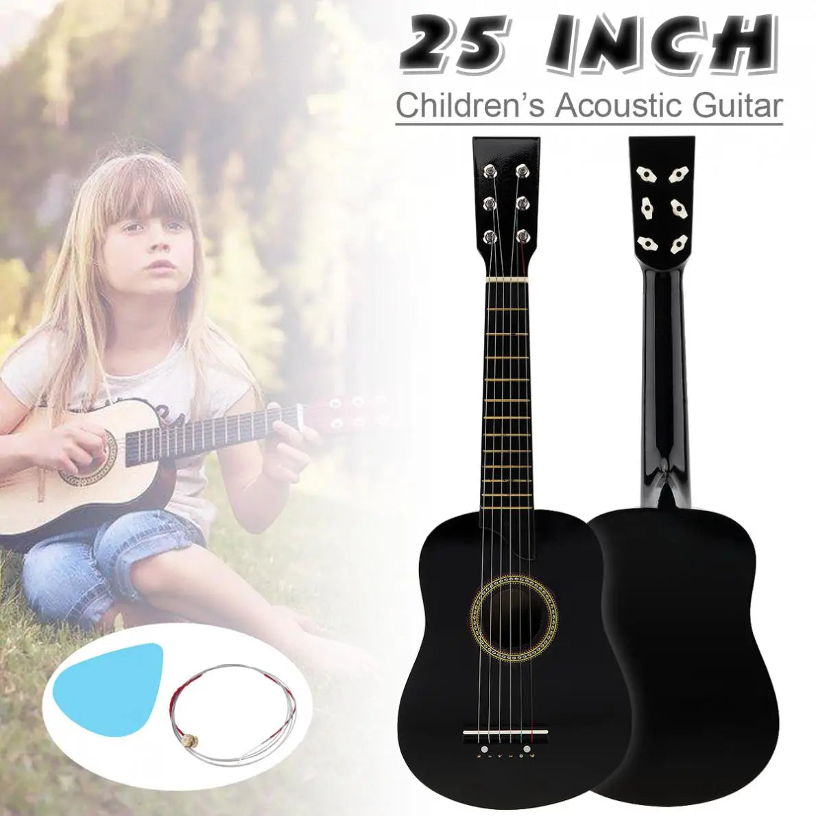 Guitar 25 Inch Basswood Acoustic Guitar with Pick Strings Toy Guitar for Children and Beginner