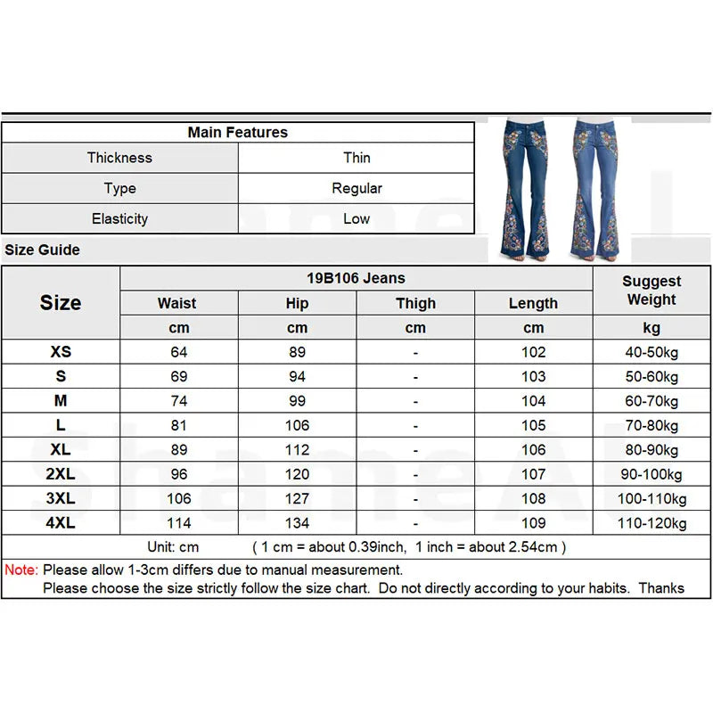 Spring Women Plus Size  Multicolor Boho Floral  Embroidery Long Flare Jeans