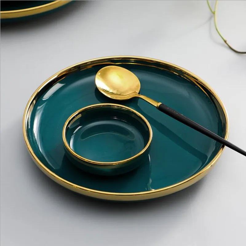 Gilt Rim Green Ceramic Plate Steak Food Plates Bowls Ins Dinner Dish