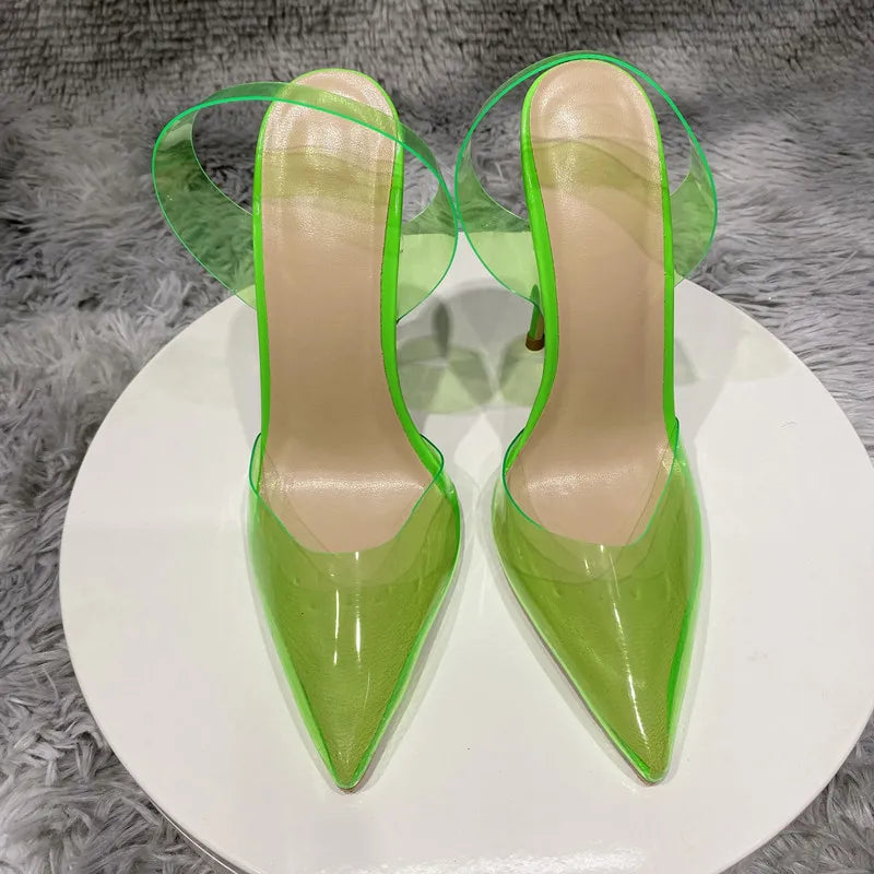 Veowalk Summer Women Green Soft PVC Transparent Pointy Toe Slingback Stiletto Pumps Ladies High Heel Sandals Shoes