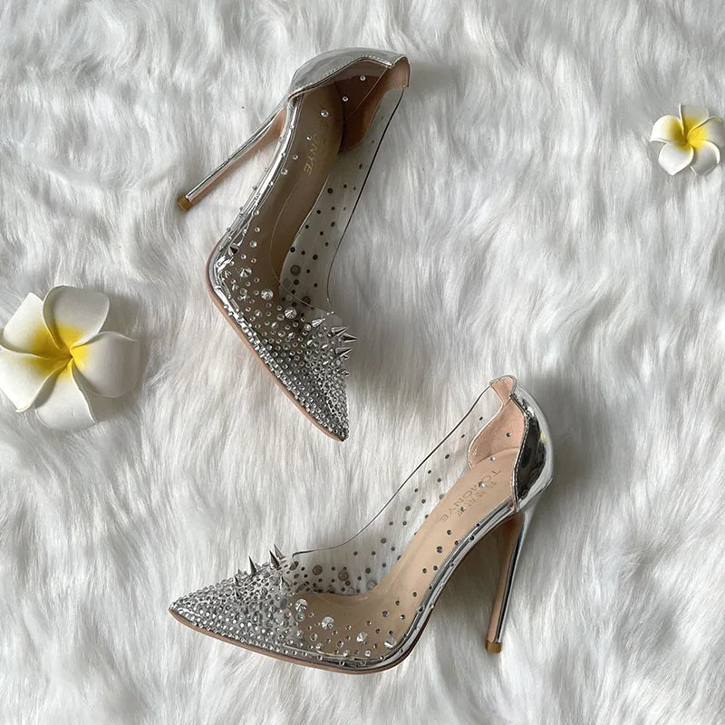 TOMONYE transparent PVC silver crystal stud spike women lady girl 120 100 thin heel wedding party shoes hot sale