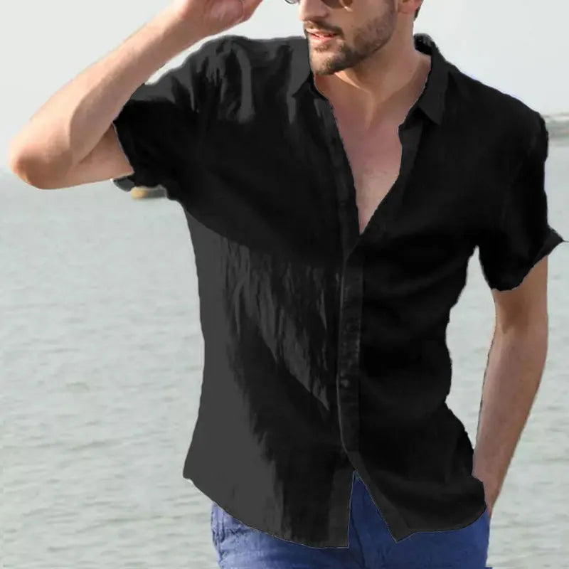 Men's Casual Short Sleeve Shirt Street Wear Lapel Button Solid Color Cotton Linen Shirt for Men