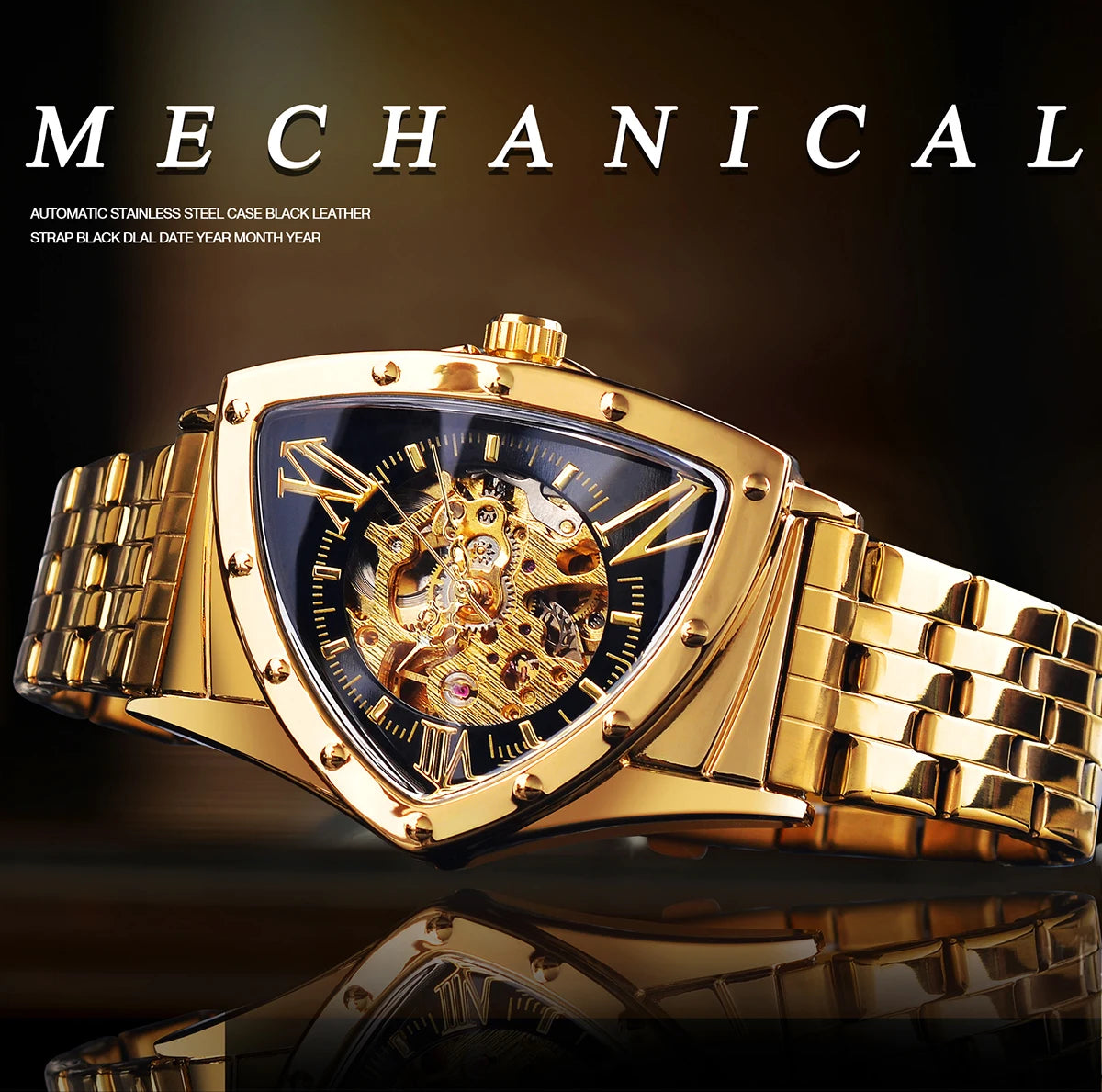 Golden Luxury Men Mechanical Wristwatch Triangle Automatic Watches