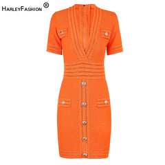 Orange Knitting Female Dress Short Sleeve V-neck Top Quality High Street