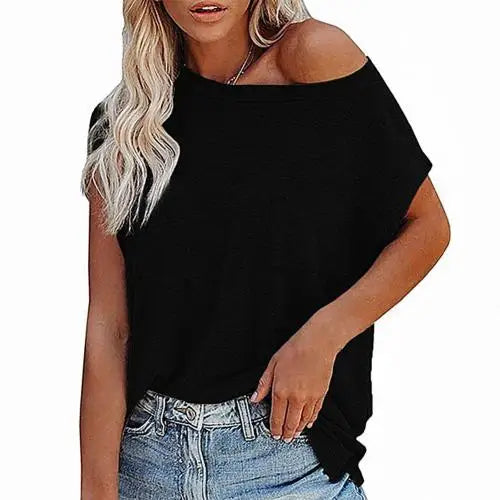 Solid Color Short Sleeve T-shirts Women Off Shoulder O Neck Tshirts for Women