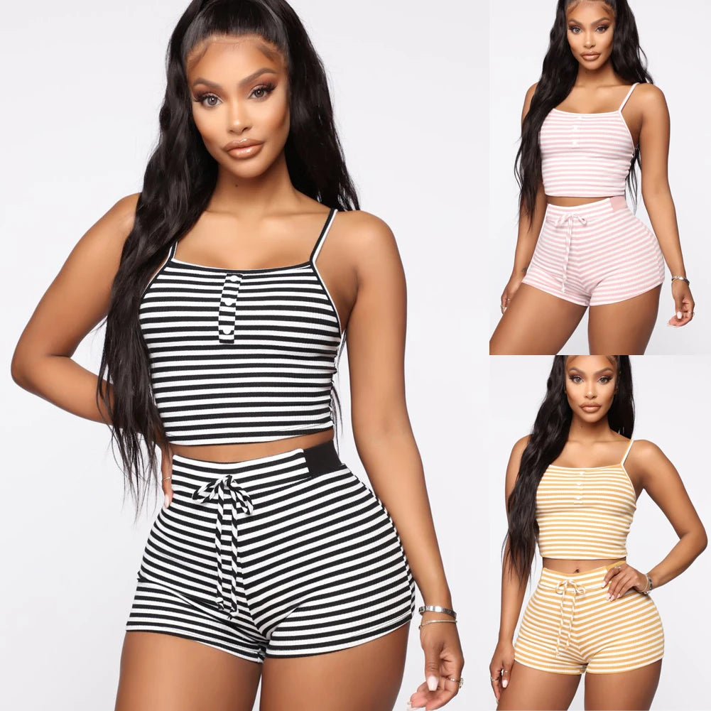 Women Sleepwear Summer Casual Bodycon Striped Crop Top and Shorts Outfits 2PCS