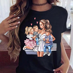 T Shirt Cartoon Mom with Sons Shirt Fashion Print Casual Woman Tee Ladies