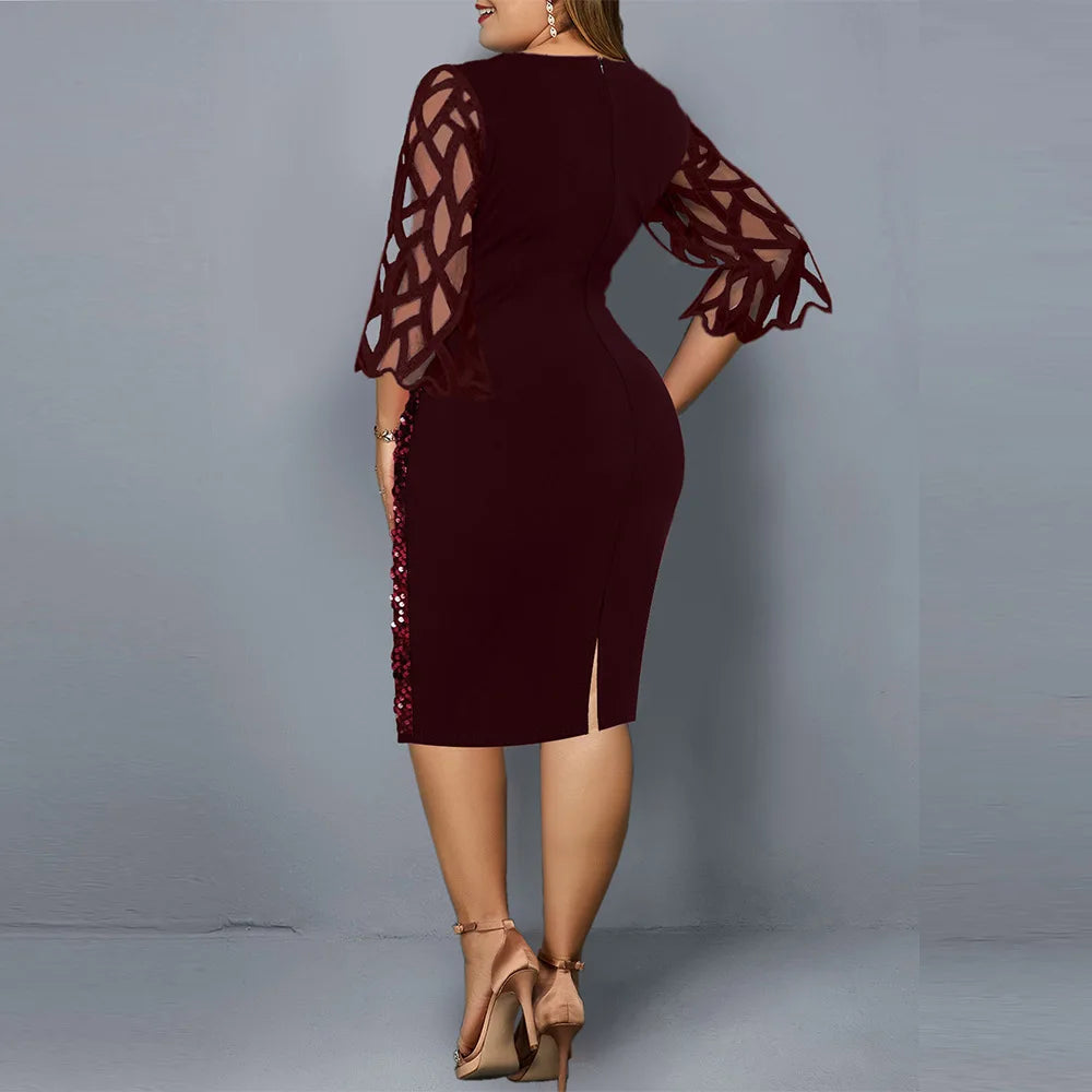 Plus Size S-5XL Fashion Women Sequins Autumn Dresses Lace Sleeve Shining Lady Casual Fashion Dress