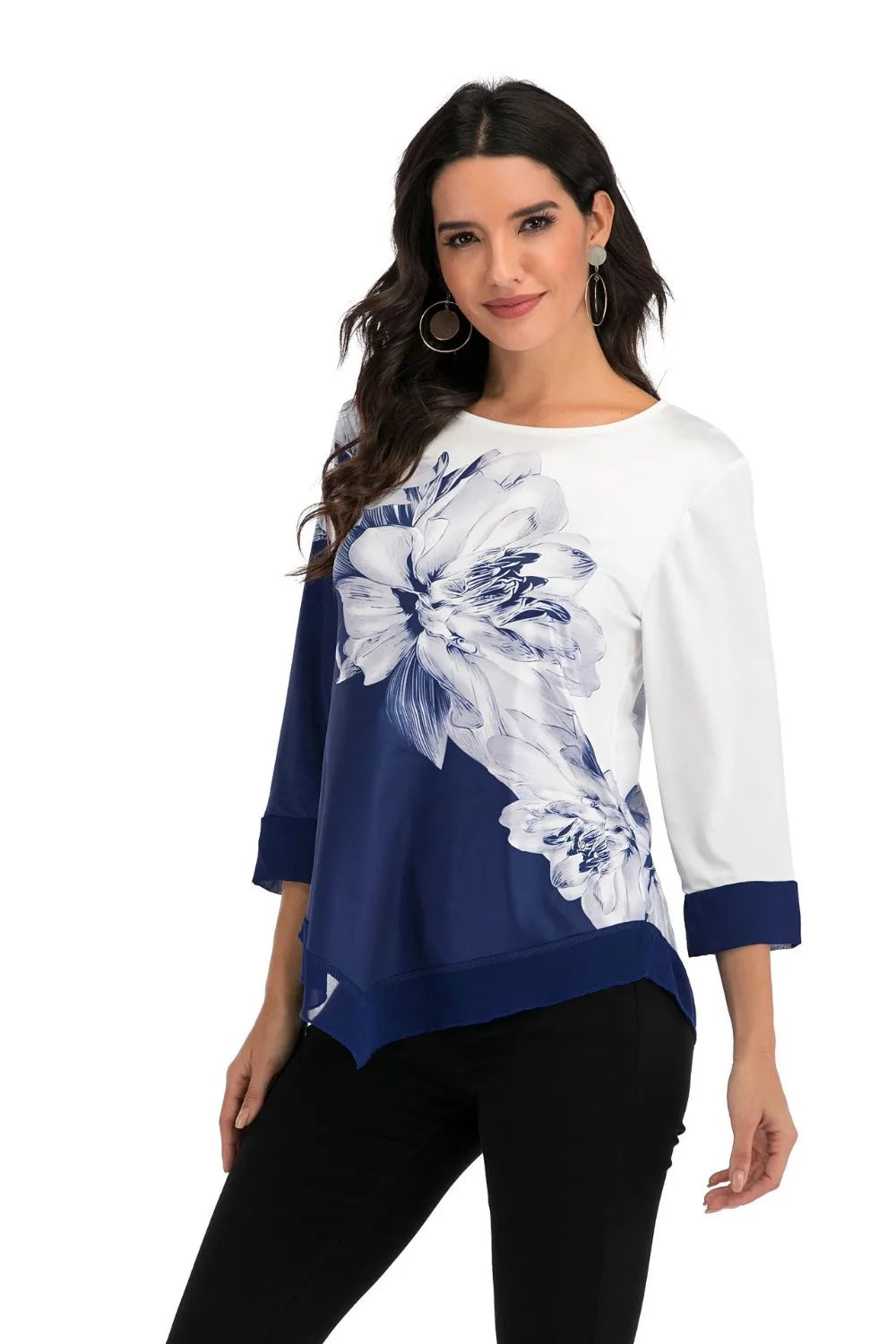 Women Shirts Fashion 3/4 Sleeve Spring Summer Blouse Flower Print O-Neck Ladies Oversized Shirt