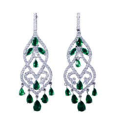 Women Jewelry Noble Green Cubic Zircon Long Drop Bridal Wedding Chandelier Earrings for Brides