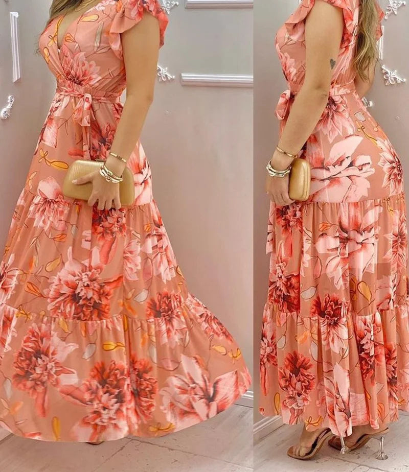 Women's V-neck Ruffle Sleeve Floral Print Chiffon Slim Long Dress