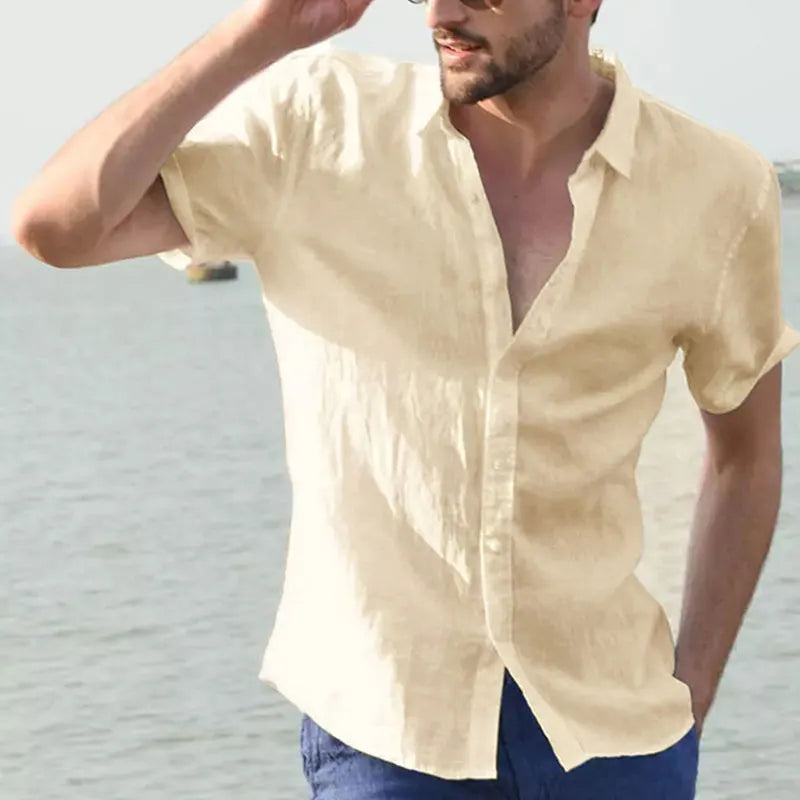 Men's Casual Short Sleeve Shirt Street Wear Lapel Button Solid Color Cotton Linen Shirt for Men