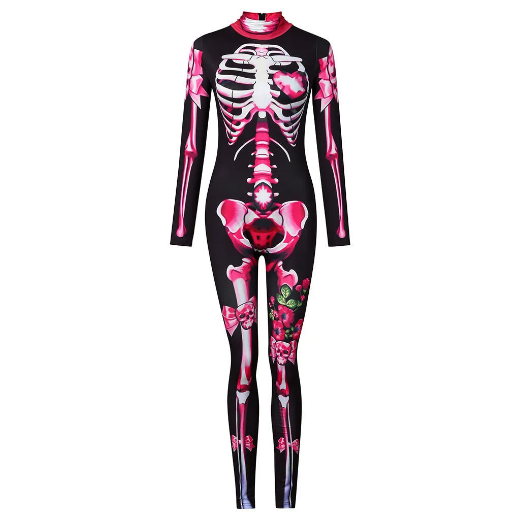 Women Cosplay Human Skeleton Bodysuit Halloween Devil Ghost Specter Jumpsuit Carnival Party Performance Scary Costume