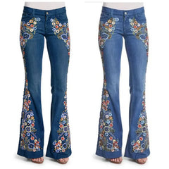 Spring Women Plus Size  Multicolor Boho Floral  Embroidery Long Flare Jeans