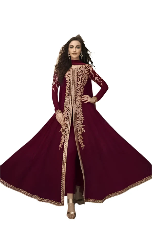 Burgundy Slit Style Embroidered bridal Anarkali Suit indian wear festival gold lace applique long sleeve wedding dress