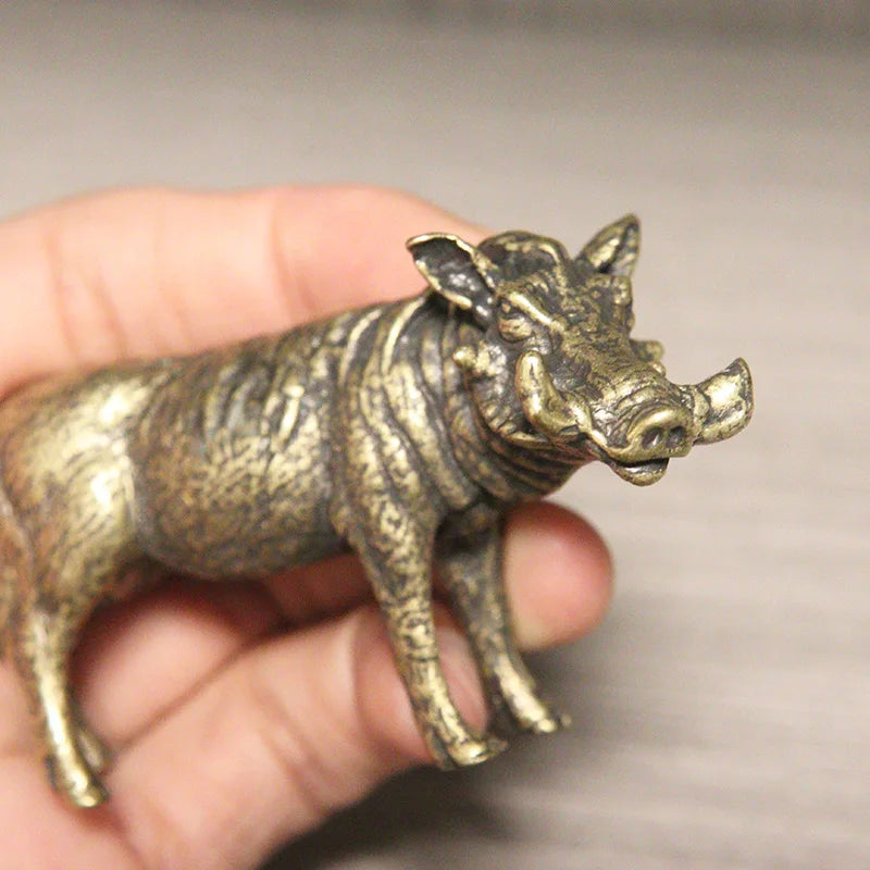 Heavy Brass Wild Boar Statue for Home Decors Retro Figurines Creative Handmade Animal Sculpture Art Bookcase Display Ornaments