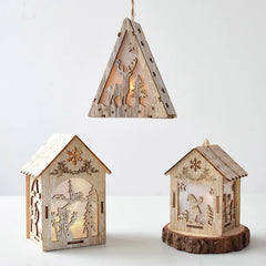 Christmas LED Light Wooden House Luminous Cabin Christmas Decorations Home Decor Night Lamp Pendant Prop