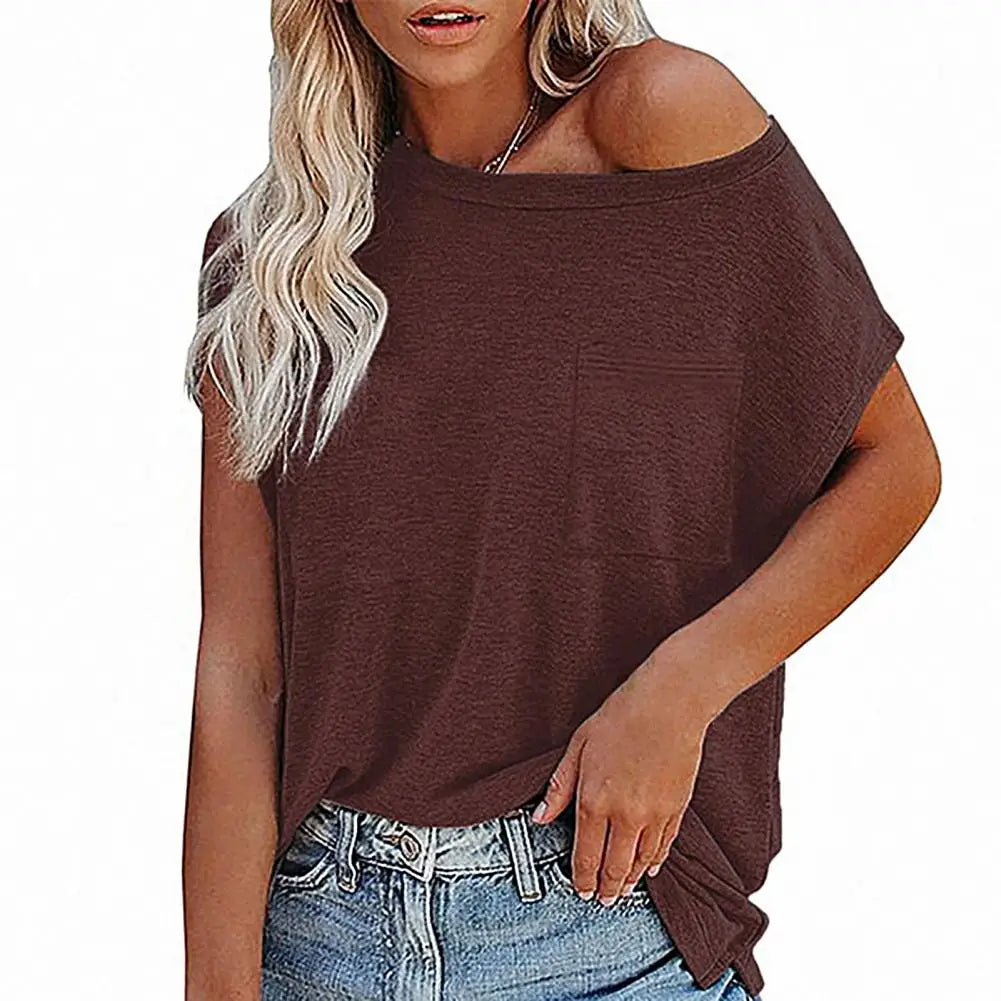 Solid Color Short Sleeve T-shirts Women Off Shoulder O Neck Tshirts for Women