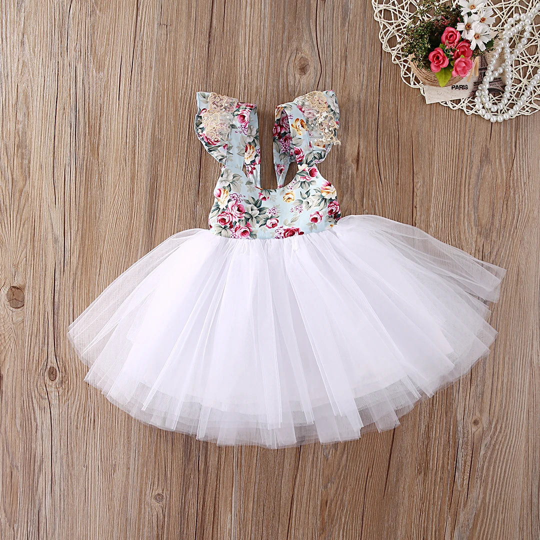 Girls Princess Dress Floral Lace Tulle Wedding Birthday Party Tutu Dress