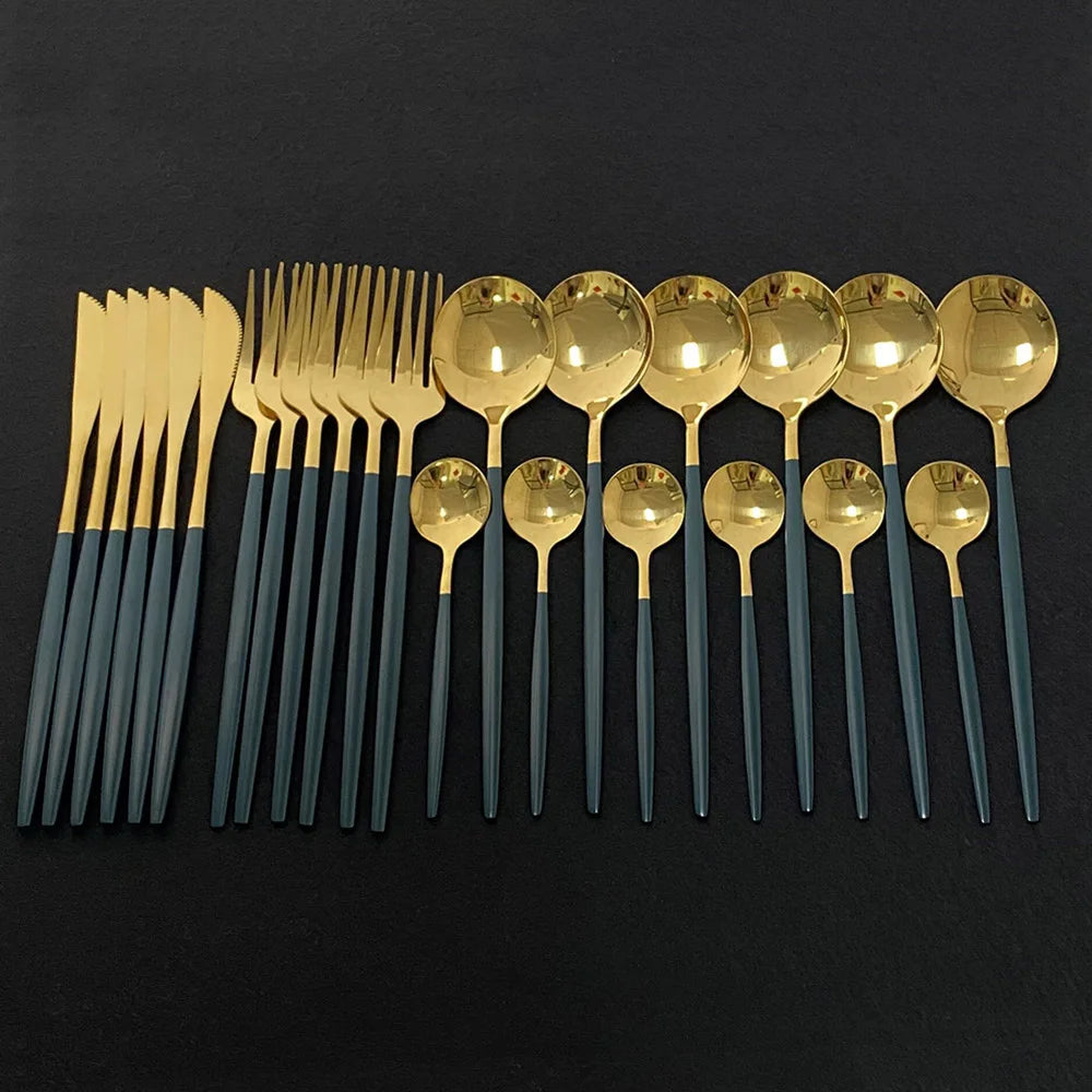 24Pcs New Green Gold Cutlery Set Mirror Dinnerware Set