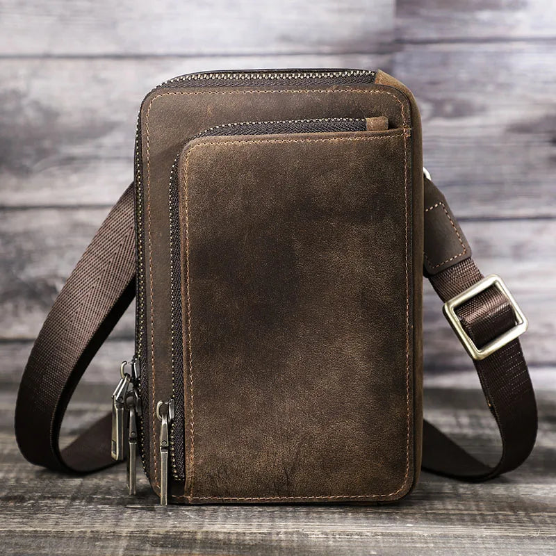 CONTACT'S Crazy Horse Leather Men Crossbody Bag Casual Waist Pack Fanny Belt Bag For Male Small Phone Pocket Shoulder Bags