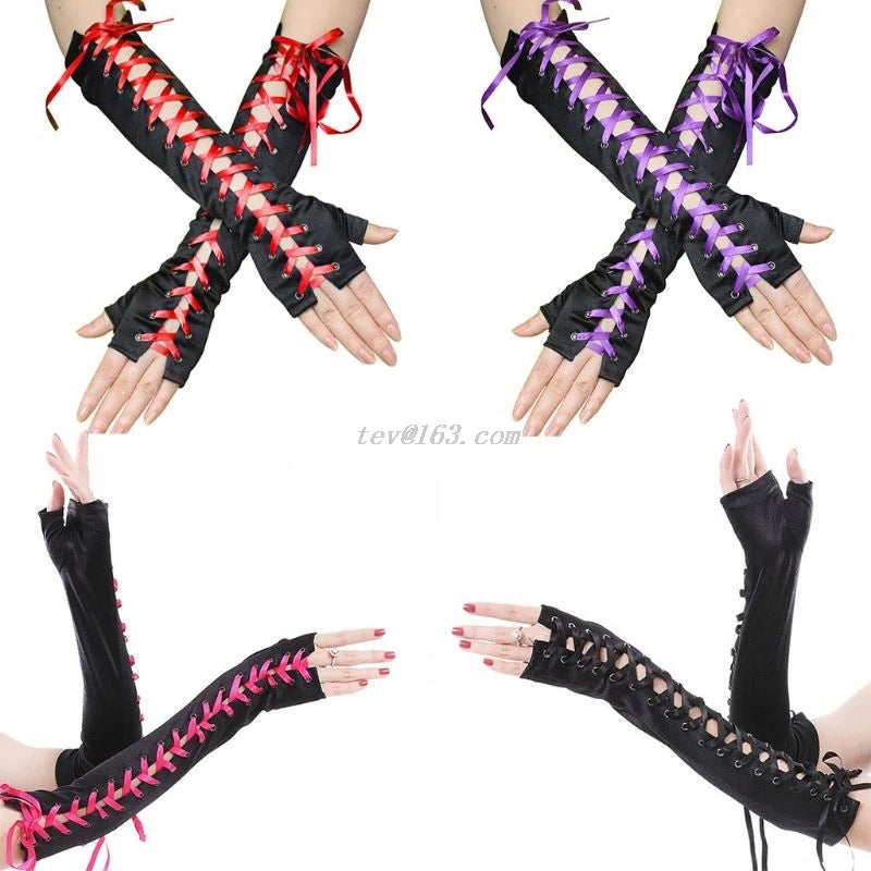 Women Elbow Length Fingerless Long Gloves String Ribbon  Lace Up Dance Gothic Style Cosplay Mittens Arm Warmer