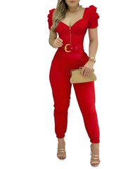 Women Plain Puffed Sleeve Jumpsuit With Belt