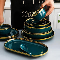 Gilt Rim Green Ceramic Plate Steak Food Plates Bowls Ins Dinner Dish