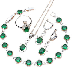 Women Green Emerald Birthstone Simple Office Long Earrings Bracelet Necklace Set