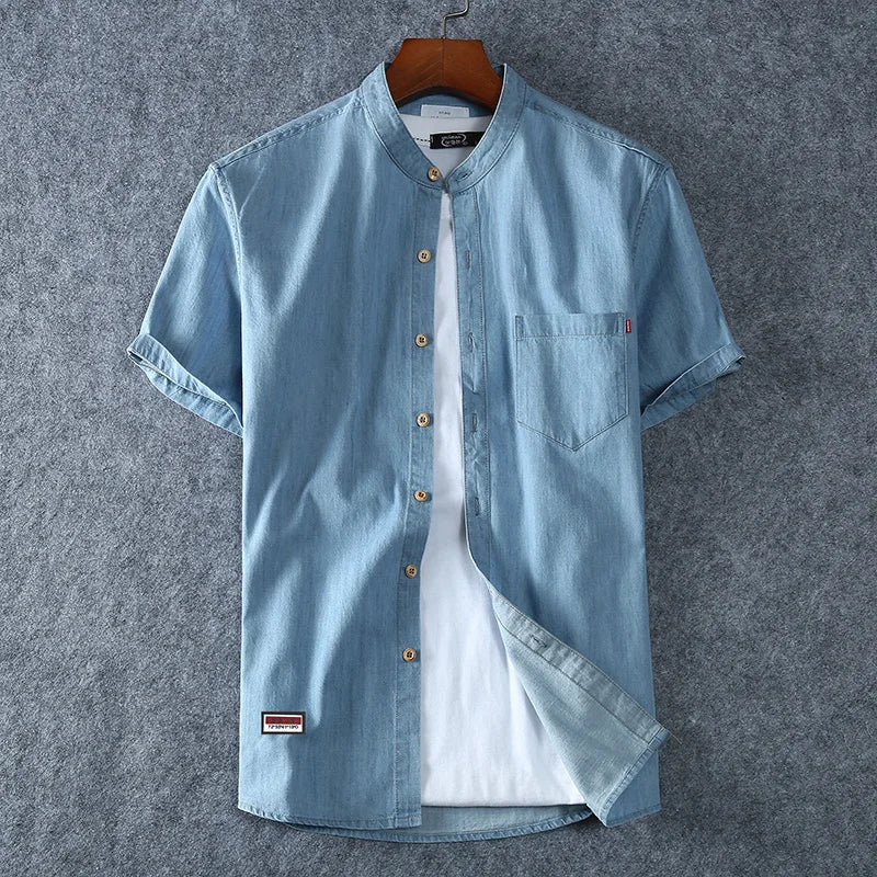 Men's Blue Denim Shirts Short Sleeve Jean Shirts