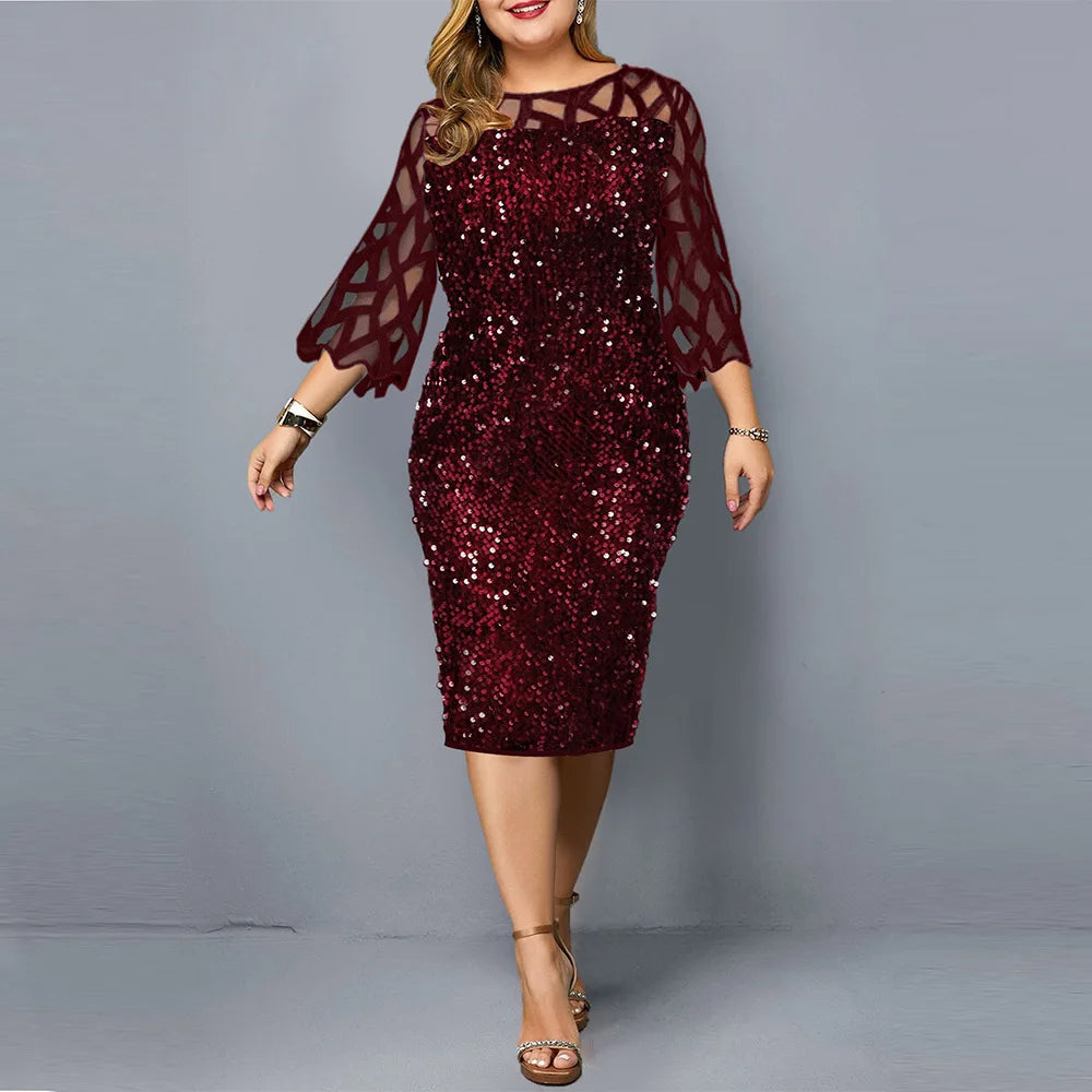 Plus Size S-5XL Fashion Women Sequins Autumn Dresses Lace Sleeve Shining Lady Casual Fashion Dress