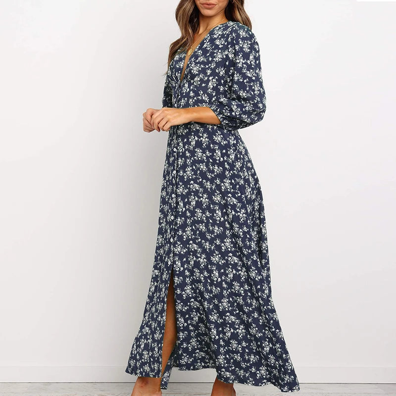 Women's Summer Bohemian Floral Print Long Maxi Dress