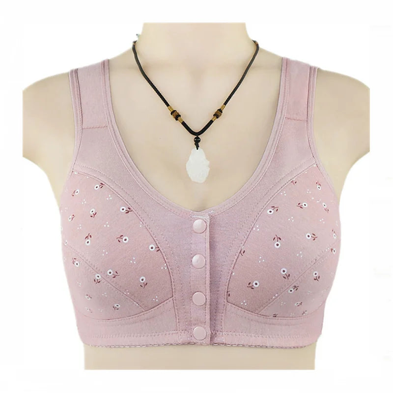 women's soft cotton vest-style middle-aged and elderly bra, large size, no steel ring front buckle underwear