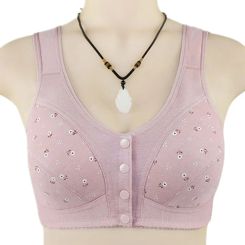 women's soft cotton vest-style middle-aged and elderly bra, large size, no steel ring front buckle underwear