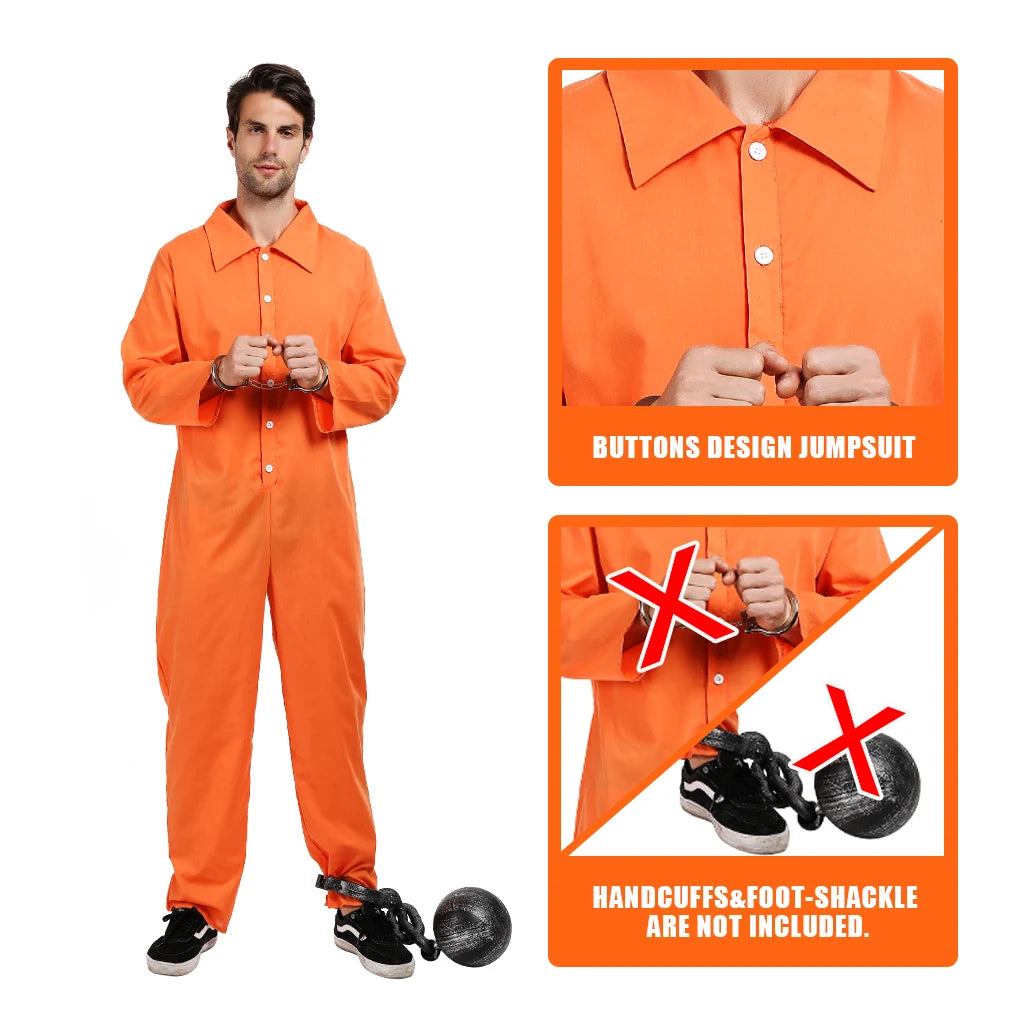 Eraspooky Men's Prisoner Jumpsuit Cosplay Halloween Costume For Adult Orange Criminal Jailbird Inmate Shirt Carnival Outfit