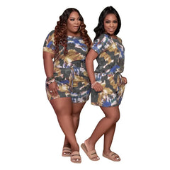 Jumpsuit Plus Size Women Clothing Tie Dye Round Neck Pockets Casual Playsuits