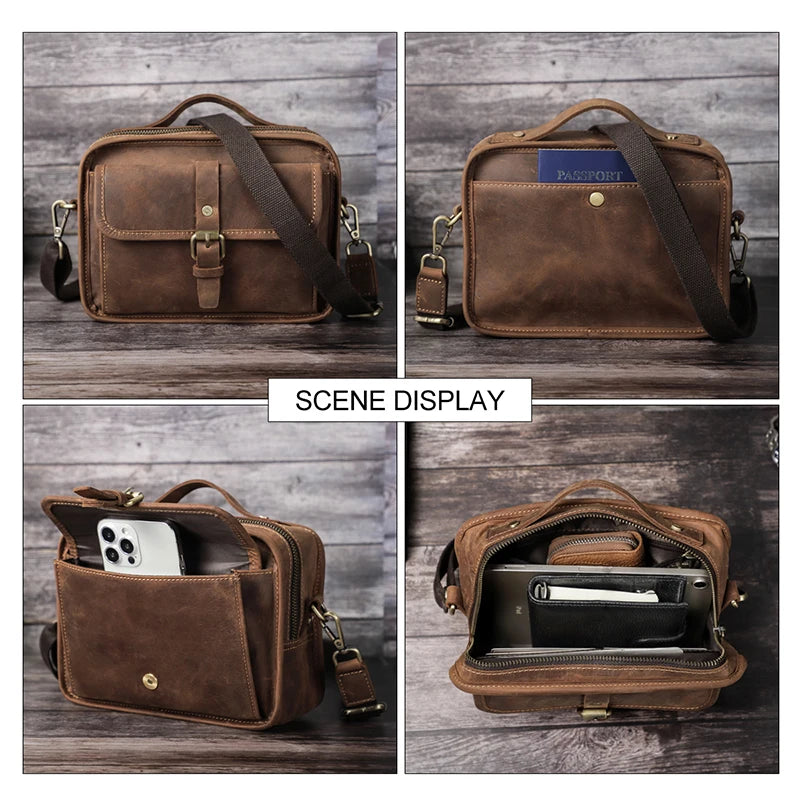 Crazy Horse Leather Men Shoulder Bags Casual Man Small Handbag for 7.9" ipad Crossbody Bag Portable phone bag Male Messenger Bag