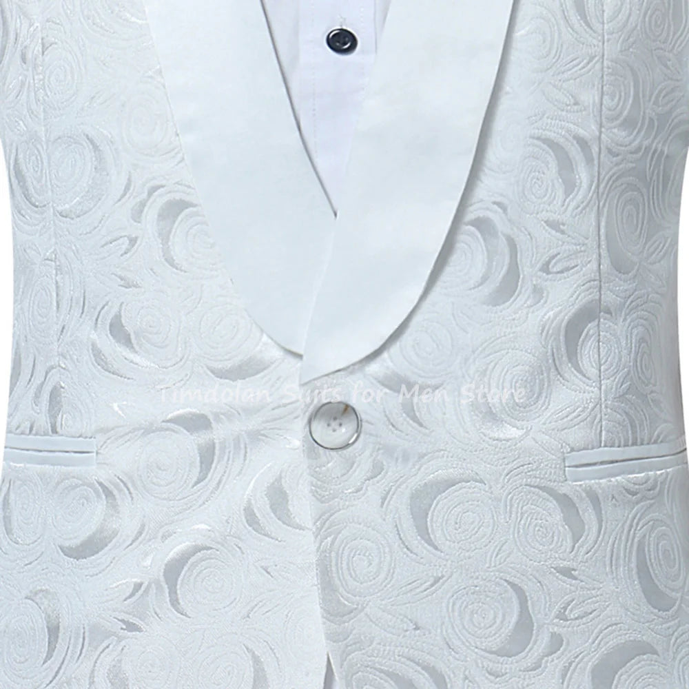 White Printed Men‘S Suits Slim Fit Custom Made Shawl Lapel Men’S Wedding Tuxedo