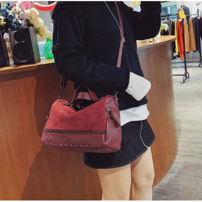 Women Bag Autumn Winter PU Bucket Rivet Vintage Patchwork High-Capacity Shoulder Bags