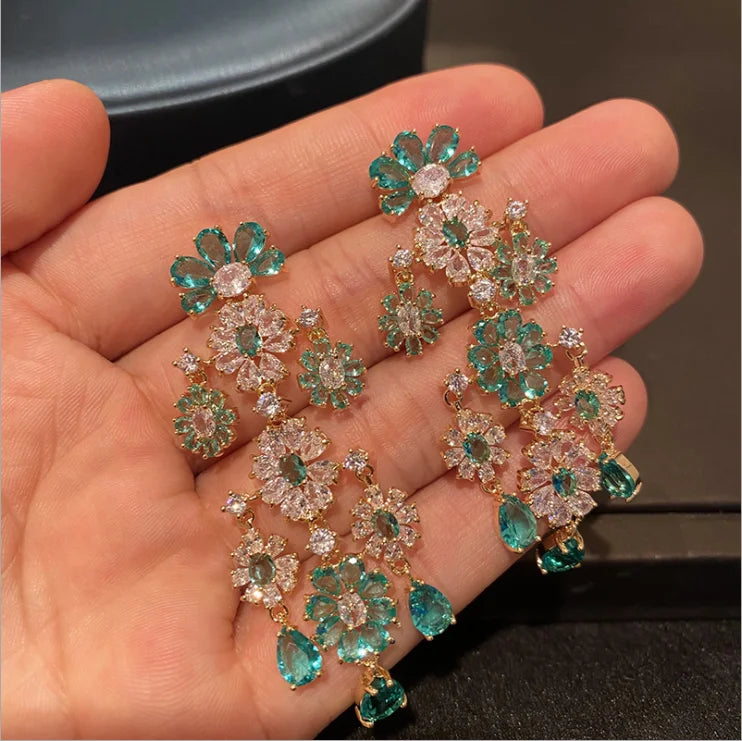 Women Green Flower Earrings Water Drop Pendant Temperament Wedding Dinner Zircon Earrings