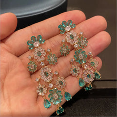 Women Green Flower Earrings Water Drop Pendant Temperament Wedding Dinner Zircon Earrings