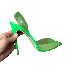 Veowalk Summer Women Green Soft PVC Transparent Pointy Toe Slingback Stiletto Pumps Ladies High Heel Sandals Shoes